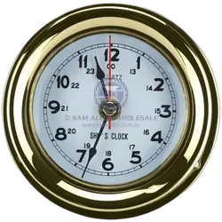 Clock Polished Brass 135mm Diam White Face 180mm Diam Base