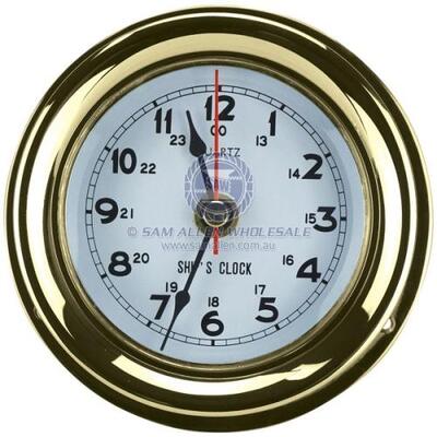Clock Polished Brass 80mm Diam White Face 115mm Diam Base
