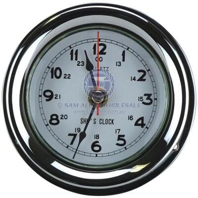 Clock chromed Brass 80mm Diam White Face 115mm Diam Base