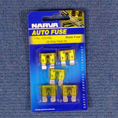 Narva 20 Amp Yellow ATS Blade Fuse - 5 Per Pack. 52820BL