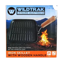 Wildtrak Cast Iron Griddle With Wood Folding Handle 24 X 24Cm