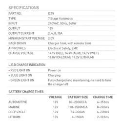12V Automatic 15 Amp 7 Stage Battery Charger Multi Chemistry Lithium