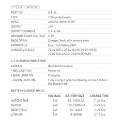 24V Automatic 8 Amp 7 Stage Battery Charger Multi Chemistry Lithium