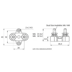 M8X32.5Mm Red Twin Power Post 48V/200A S/S Stud & Washer Nylon & Fibreglass Base