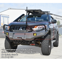 PSR Ambush Bar Mitsubishi MQ Triton Ambush Satin Black Triple Hoop Bar, Pre-Runner Infill (1" Body Lift), Standard Black Fairlead