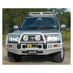 ECB Winch Compatible Big Tube Bar w/Lights to Suit Toyota Landcruiser 100 Series IFS 04/98 to 10/07 Silver Hammer Tone