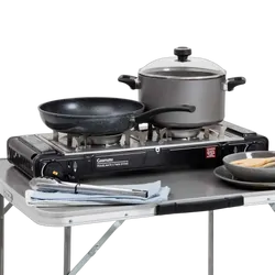 Gasmate Travelmate II Deluxe Twin Butane Stove - Black with Stainless Steel Spill Tray & Hotplate
