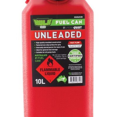Hulk 4x4 Fast Flow Plastic Fuel Can 10Lt Unleaded Red
