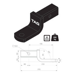 TAG Tow Ball Mount - 178mm Long, 90° Tongue Face, 50mm Square Hitch