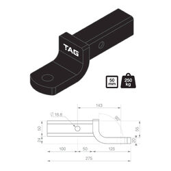 TAG Tow Ball Mount - 143mm Long, 90° Face, 50mm Square Hitch