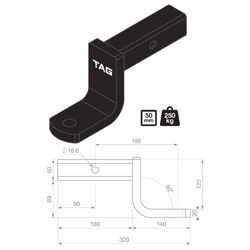 TAG Tow Ball Mount - 198mm Long, 90° Face, 50mm Square Hitch