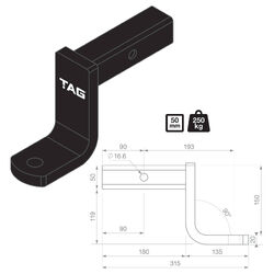 TAG Tow Ball Mount - 193mm Long, 90° Face, 50mm Square Hitch