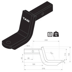 TAG Tow Ball Mount - 254mm Long, 88mm Drop, 50mm Square Hitch
