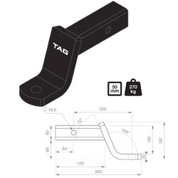 TAG Tow Ball Mount - 220mm Long, 108° Face, 50mm Square Hitch
