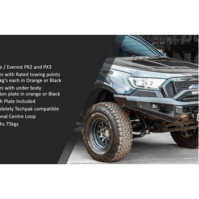 Piak No Loop Bar To Suit Ford Ranger and Everest With Orange Recovery Points & Black Under Body Protection