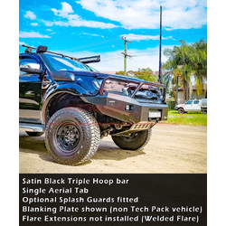 PSR Ambush Bar Ford Ranger PX MK2 8/15-7/18 Ambush Satin Black Triple Hoop Bar, Pre-Runner Infill (No Body Lift), Slimline Black Fairlead, Sensors