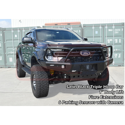 PSR Ambush Bar Ford Ranger Next Gen Ambush Satin Black Triple Hoop Bar, Infill (1" Body Lift), Splash Guards, Standard Black Fairlead, 4 Sensors, XLT