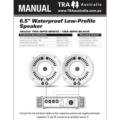TRA Australia Black 6.5inch Waterproof 120 Watt Low-Profile Speaker (Pair)