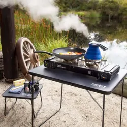 Gasmate Travelmate II Deluxe Twin Butane Stove - Black with Stainless Steel Spill Tray & Hotplate