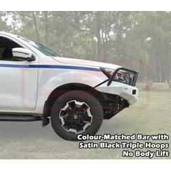 PSR Ambush Bar Nissan Navara NP300 SERIES 5 FACELIFT Ambush Satin Black Triple Hoop Bar, Pre-Runner infill (No Body Lift), Slimline Silver Fairlead