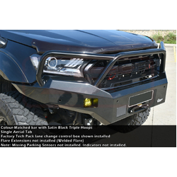 PSR Ambush Bar Ford Ranger PX MK2 8/15-7/18 Ambush Satin Black Triple Hoop Bar, (1" Body Lift), Splash Guards, Slim Black Fairlead, Tech, Factory Ext