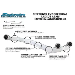 Superior Radius Arms Suitable For Toyota LandCruiser 76/78/79 Series 8/2016 on 2 Inch (50mm) Castor Correction (Curved Style Arms) (Pair) - 792DRARM2
