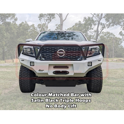 PSR Ambush Bar Nissan Navara NP300 SERIES 5 FACELIFT Ambush Satin Black Triple Hoop Bar, Pre-Runner infill (No Body Lift), Slimline Silver Fairlead