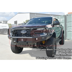 PSR Ambush Bar Ford Ranger Next Gen Ambush Satin Black Triple Hoop Bar, Infill (1" Body Lift), Splash Guards, Standard Black Fairlead, 4 Sensors, XLT