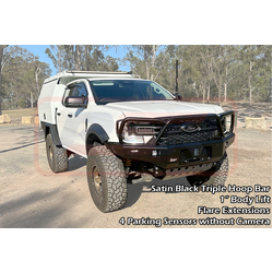 PSR Ambush Bar Ford Ranger Next Gen Ambush Satin Black Triple Hoop Bar, Infill (1" Body Lift), Splash Guards, Standard Black Fairlead, 4 Sensors, XLT