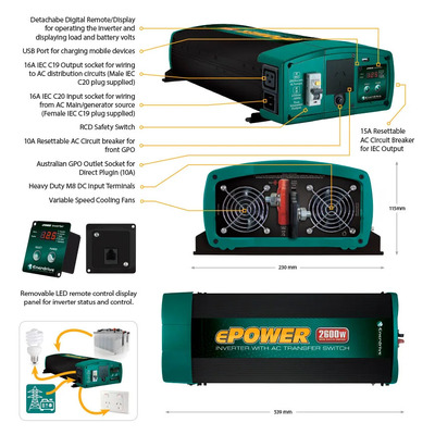 Epower 2000W/24V W/Rcd & Ac Tfer Switch