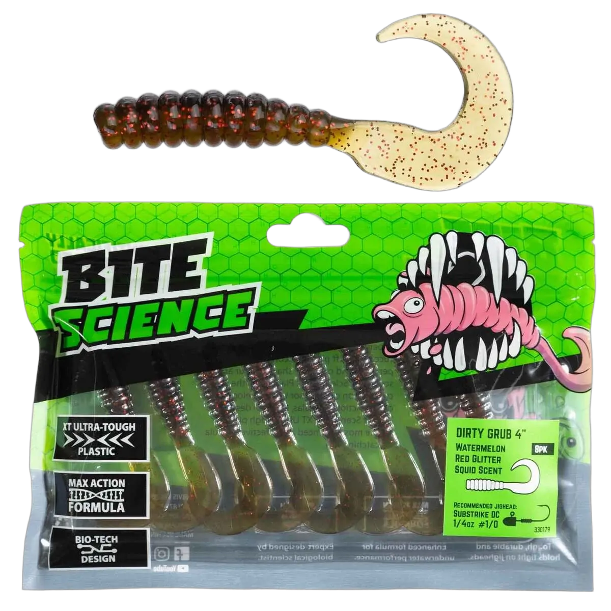 Bite Science Dirty Grub Lures 4" Watermelon Red Glitter - PK/8