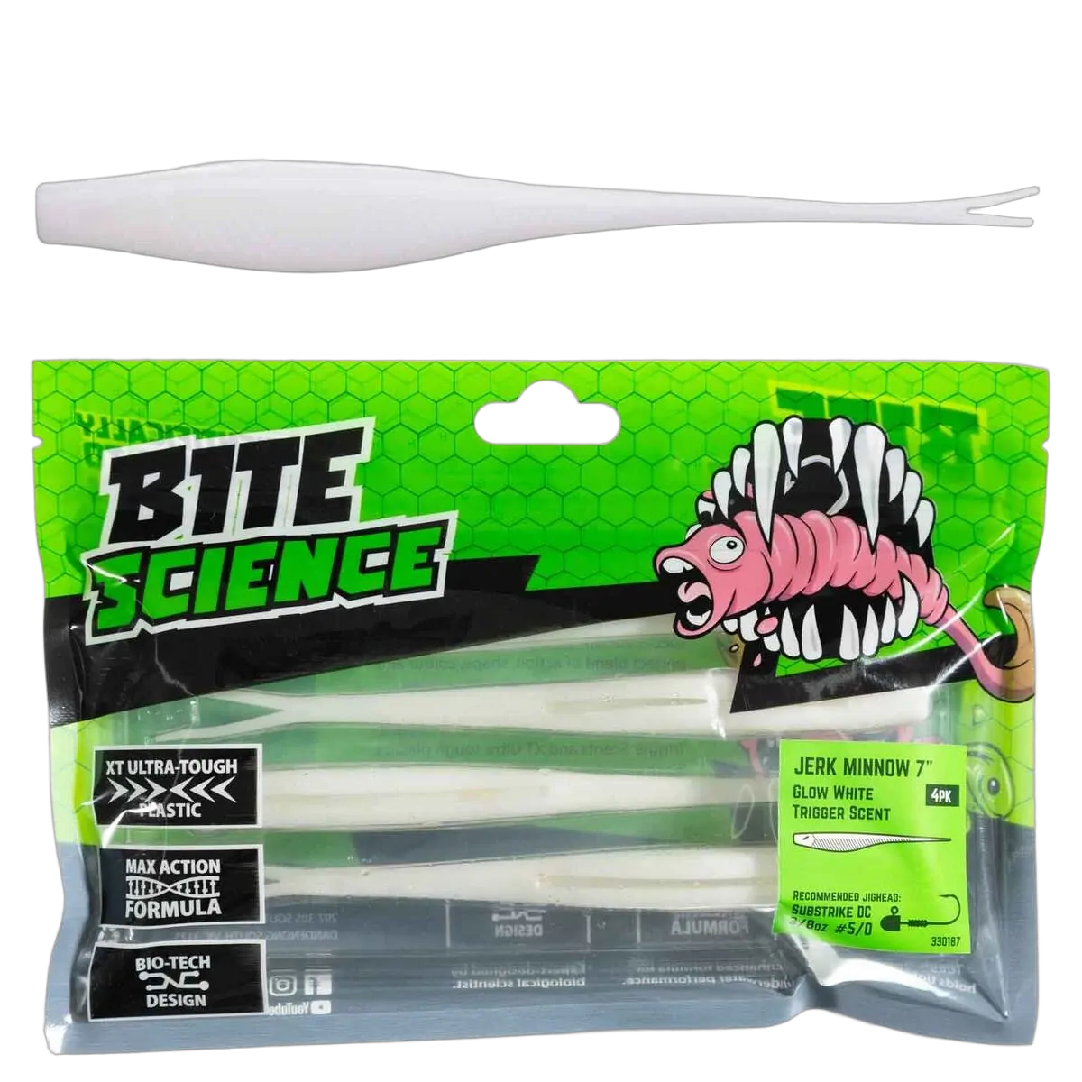 Bite Science Jerk Minnow Lures 7" Glow White - PK/4