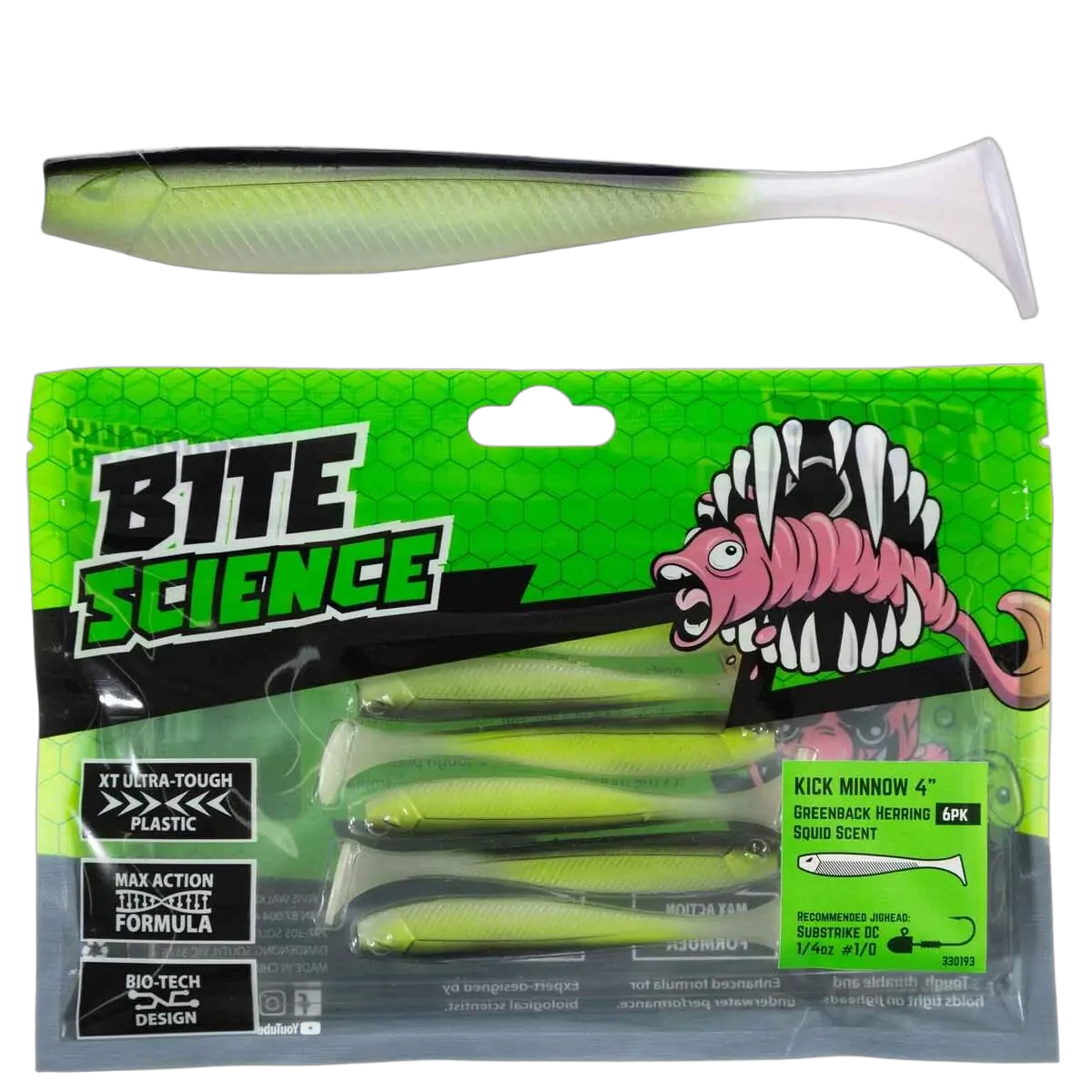 Bite Science Kick Minnow Lures 4" Greenback Hering - PK/6