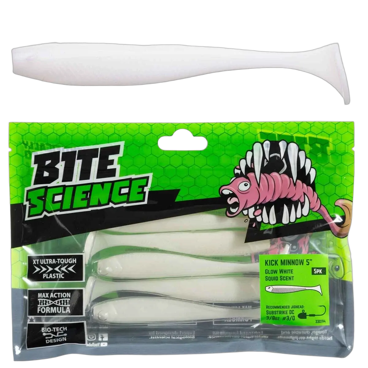 Bite Science Kick Minnow Lures 5" Glow White - PK/5
