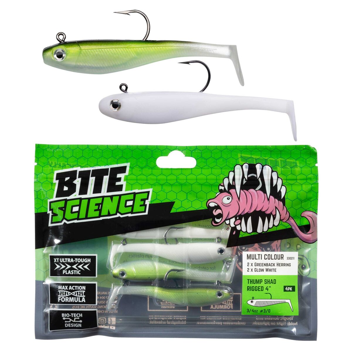 Bite Science Thump Shad 4" Multi-Colour Greenback Herring & Glow White