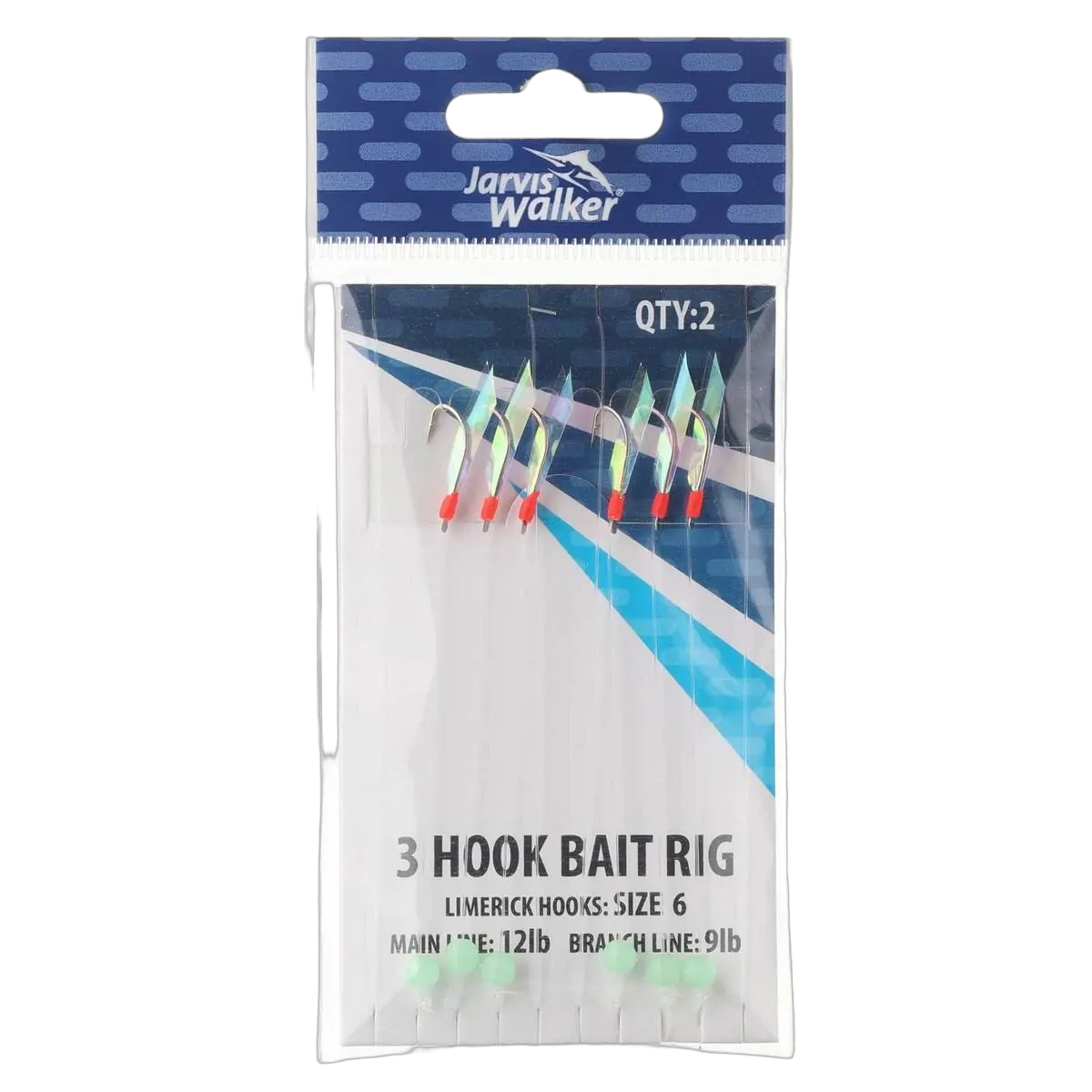 3-Hook Bait Rig - Limerick Hook - Main Line 12lb - Branch Line 9lb - Sz 6 - 2pk - PK/2