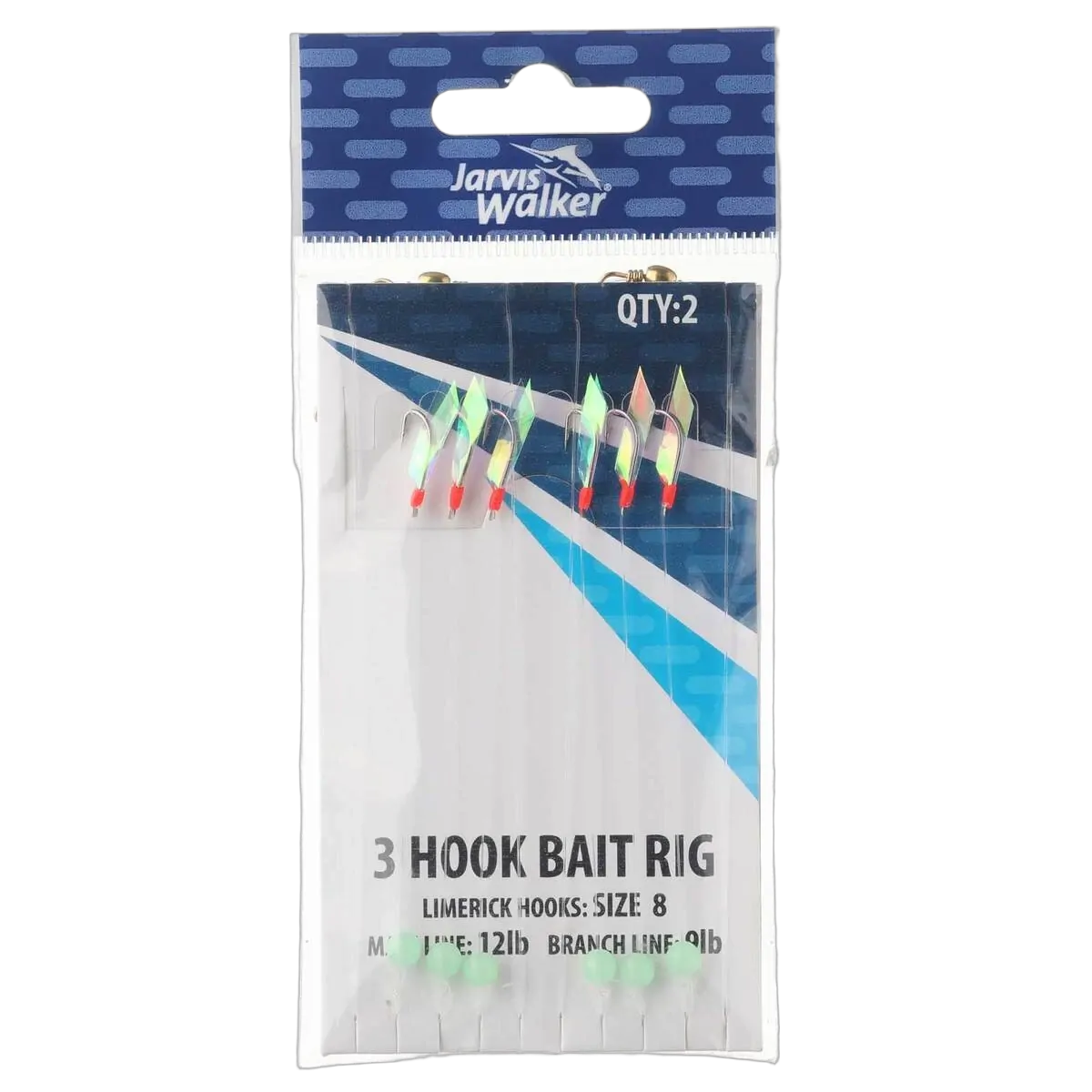 3-Hook Bait Rig - Limerick Hook - Main Line 12lb - Branch Line 9lb - Sz 8 - 2pk - PK/2