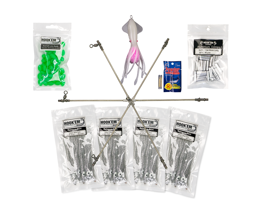 Hookem Kit Includes - Dredge12 - 50 X Lumo SoFT Glow Beads, 40 X 1.8 X 18mm Long Crimps, 20 X 12cm Octopus Skirt