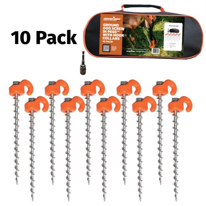 Ground Dogs Screw in Pegs with Hook Collars - 10 Pack