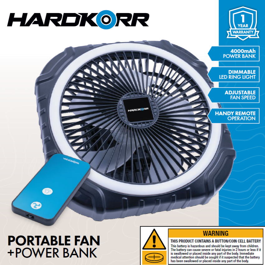 Hardkorr Portable Fan with USB-C Power Bank with LED Light