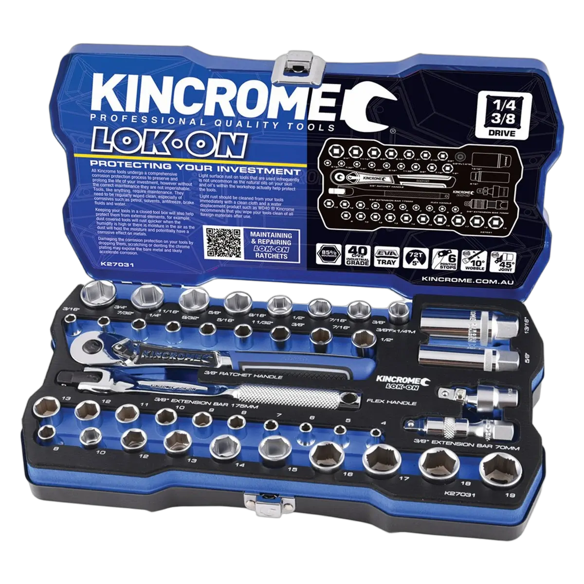 Kincrome Lok-On Socket Set 44 Piece 1/4" & 3/8" Drive - Metric & Imperial