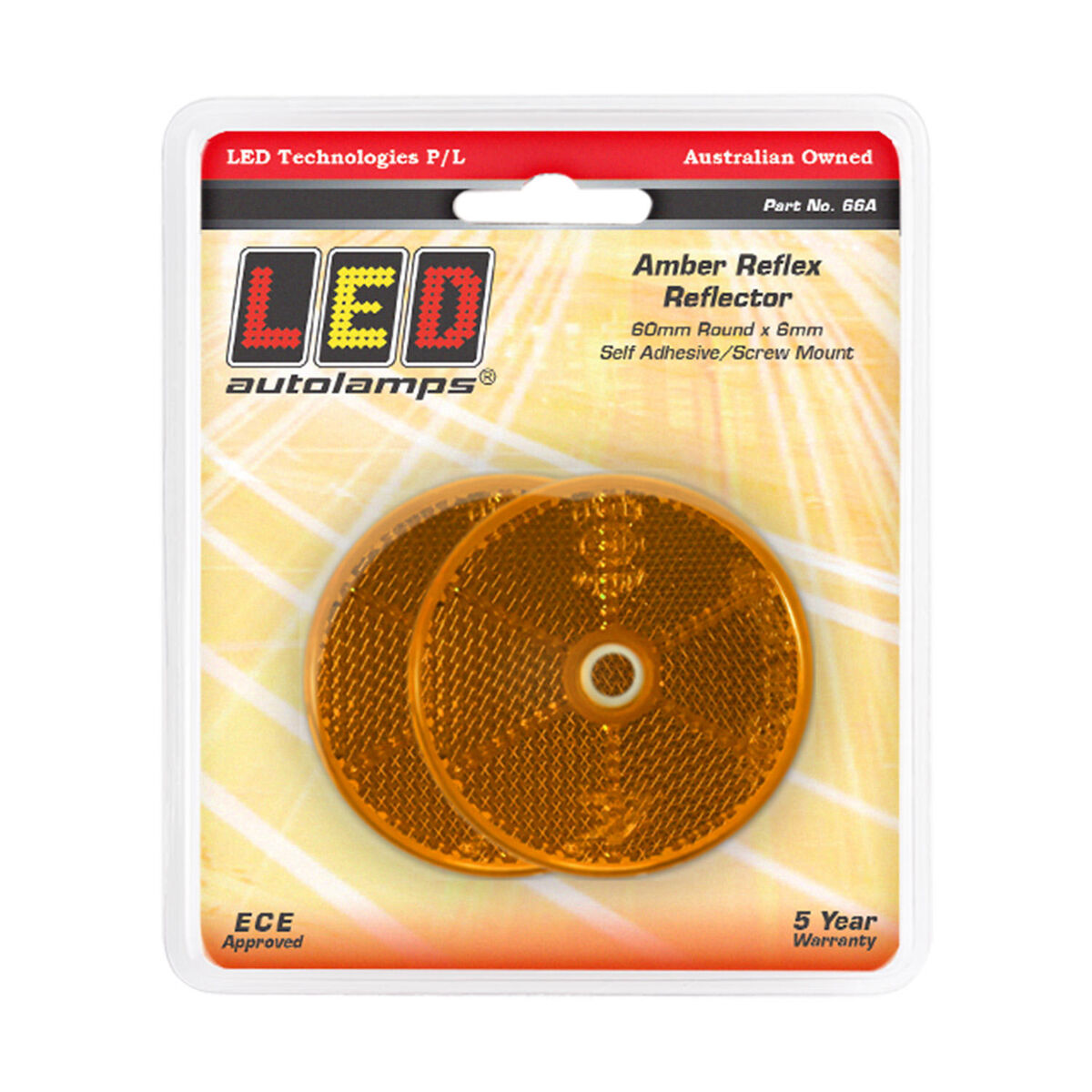 LED Autolamps 66A Twin Pack Amber Reflex Reflector 60mm Diameter Centre Fixing Screw