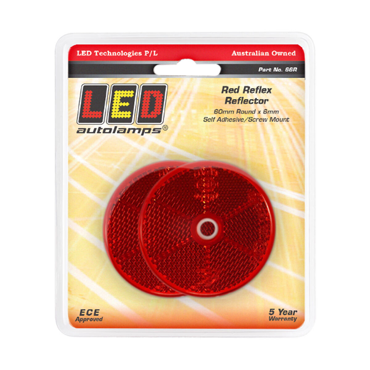 LED Autolamps 66R Twin Pack Red Reflex Reflector 60mm Diameter Centre Fixing Screw