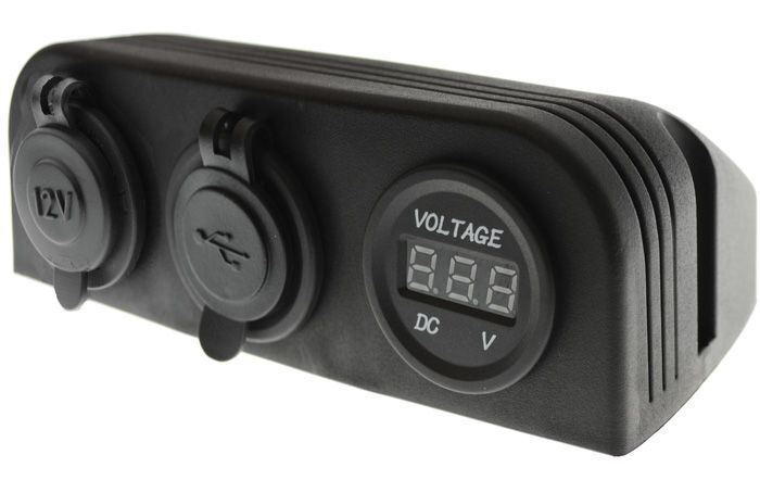 3 Way Surface Mount Socket With 1 X Cigarette Socket & 1 X Usb Socket & 1 X Voltmeter