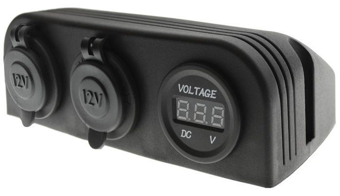 3 Way Surface Mount Socket With 2 X Cigarette Sockets & 1 X Voltmeter