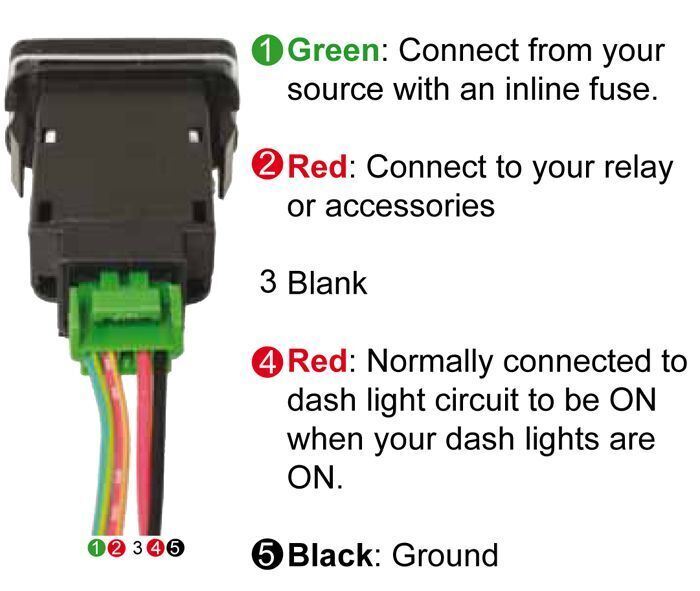 Aux Light Switch to suit Toyota 28 X 17Mm Hole Size Green Led Aux Light Symbol .