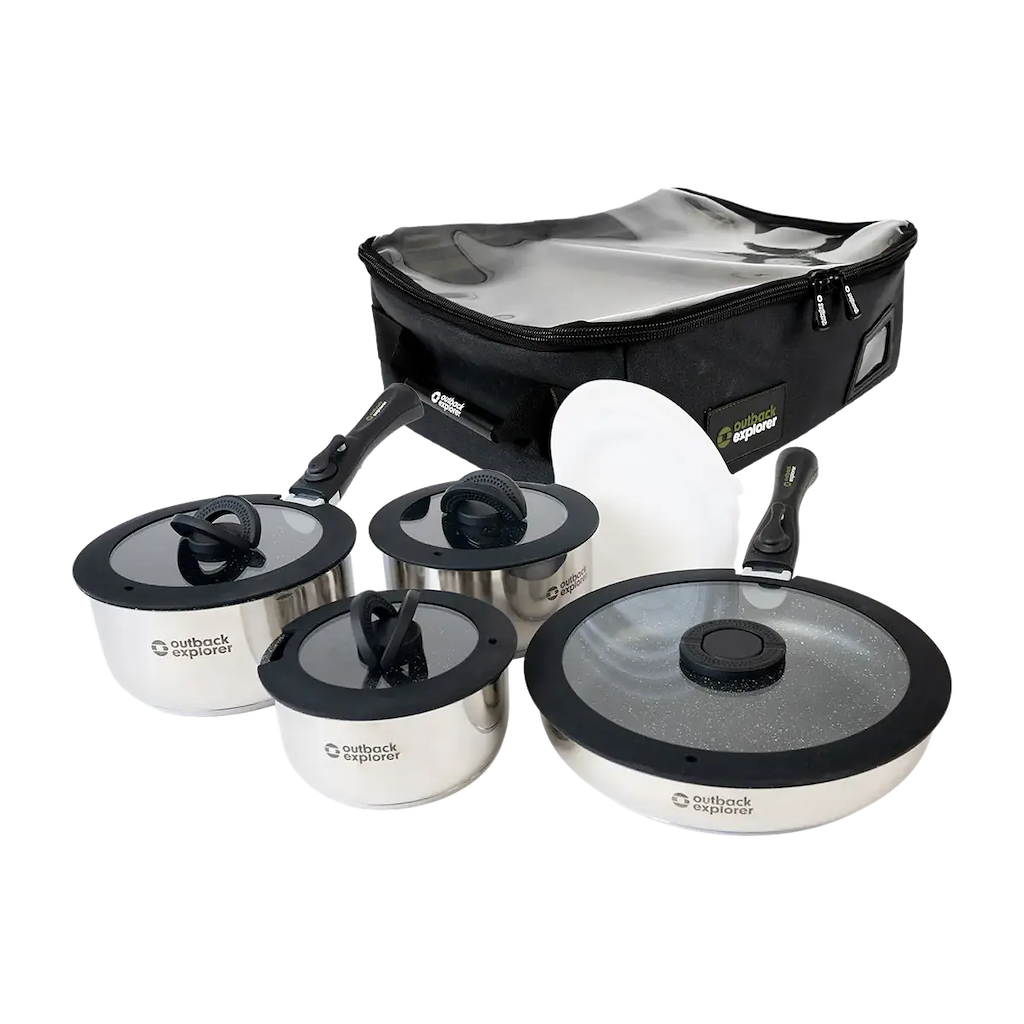 Outback Explorer Smart Storage Non-Stick Pots & 28cm Fry Pan Set w/ Storage Bag