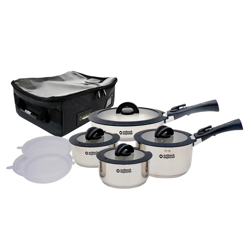 Outback Explorer Smart Storage Stainless Steel Pots & 28cm Fry Pan Set w/Storage Bag