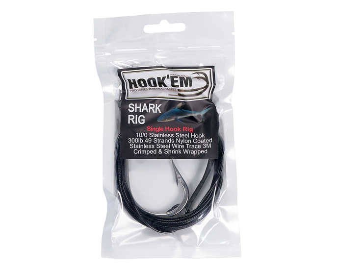Hookem Shark Rig 10/0 Single Hook Rig Black Coated Stainless Wire 300Lb