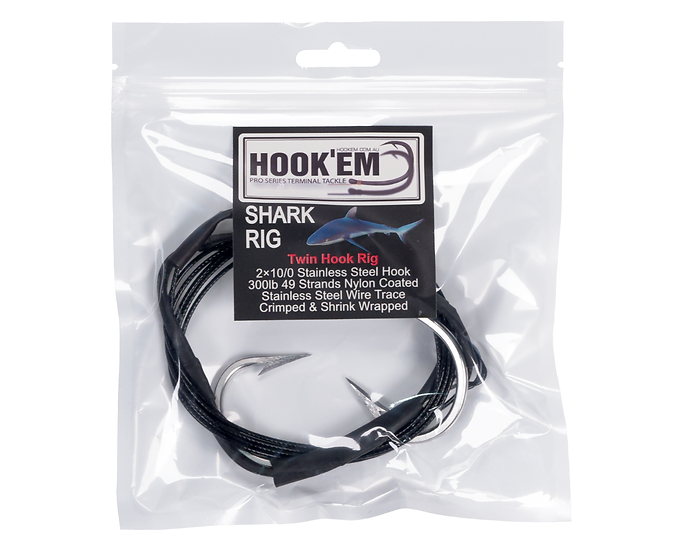 Hookem Shark Rig 10/0 Double Hook Rig Black Coated Stainless Wire 300Lb